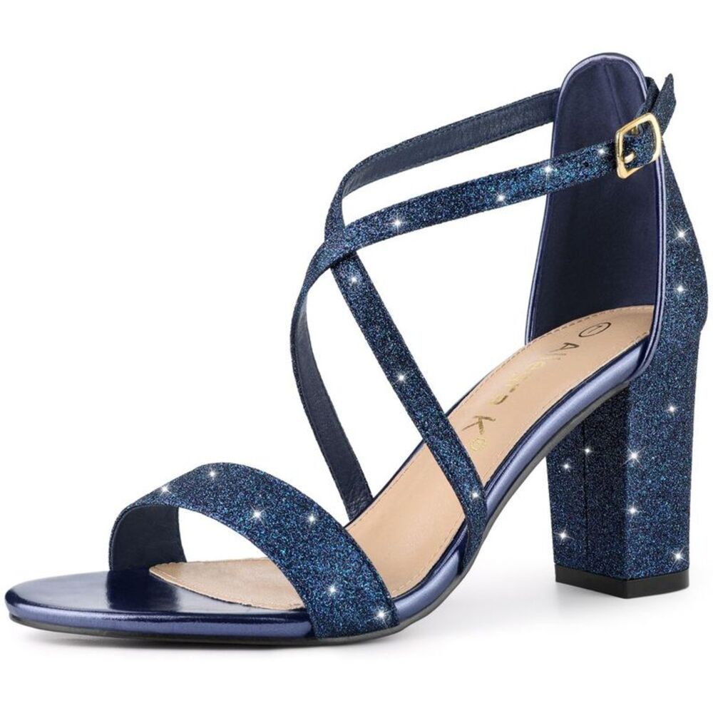 Allegra K Women's Glitter Buckle Closure Strap Block Heels Sandals Blue 8